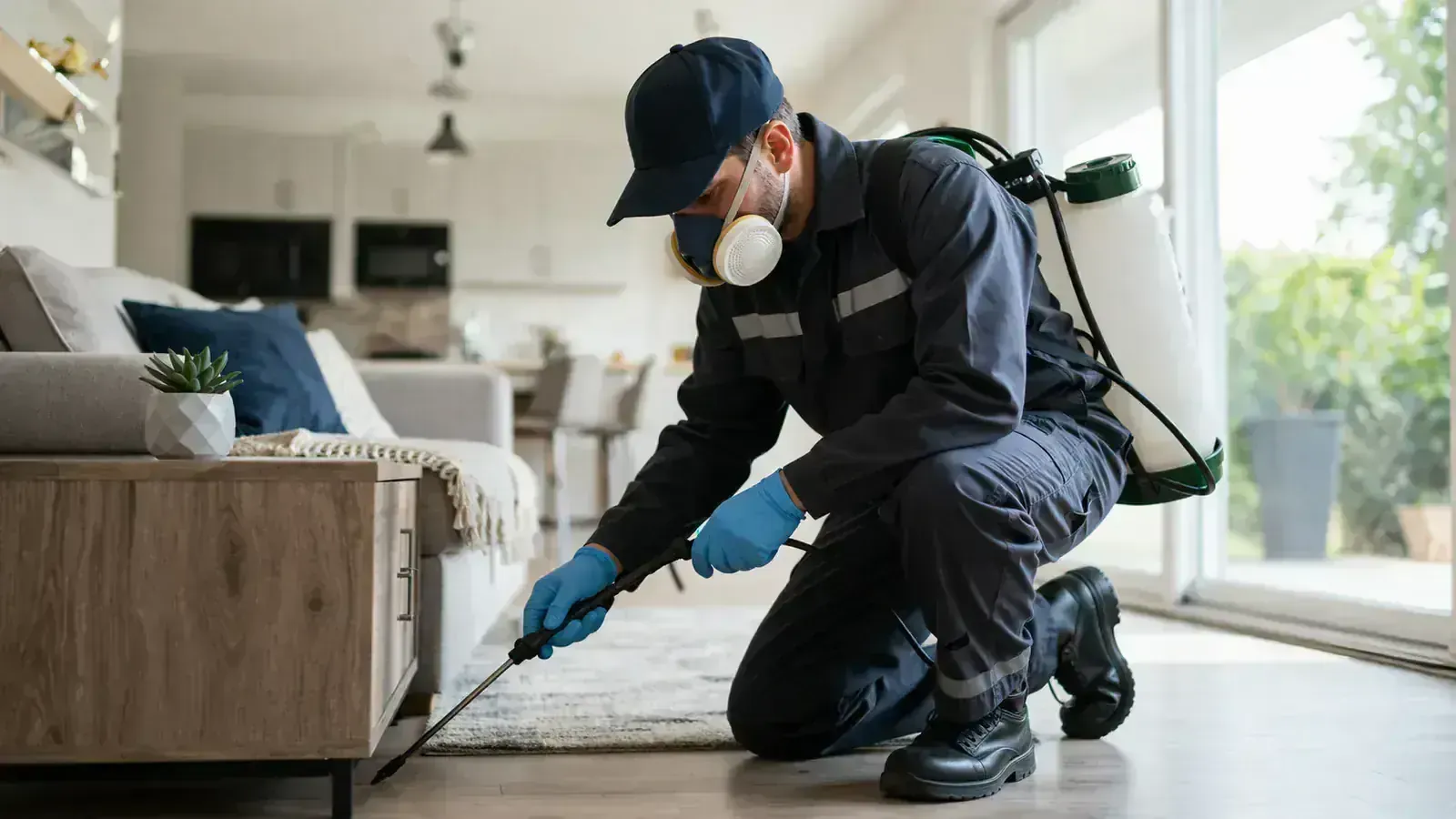 Koruyucu ekipmanla kontrollü uygulama yapan profesyonel ilaçlama uzmanı